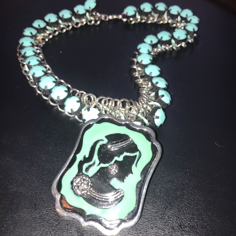 Pretty Teal, Black & Silver Necklace w/Emblem